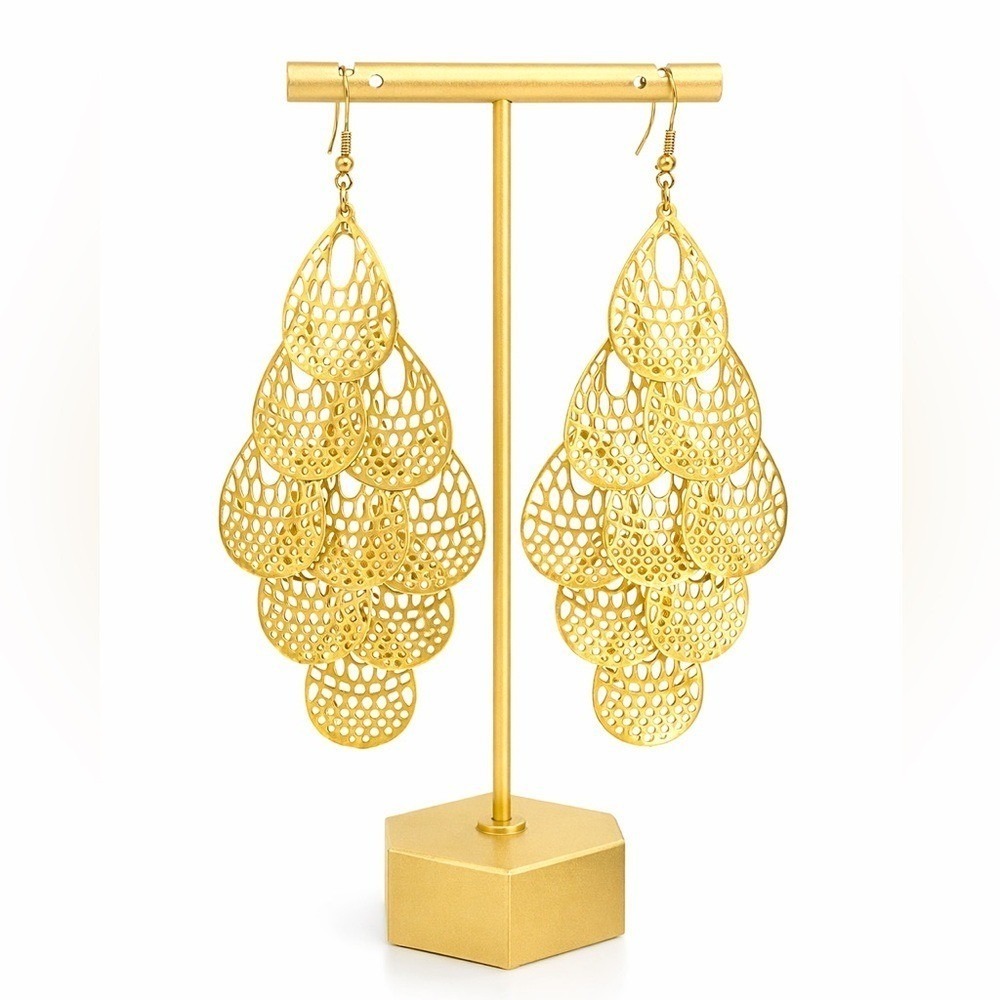 Gold Tone Filigree Chandelier Earrings – Layered Teardrop Statement Dangle